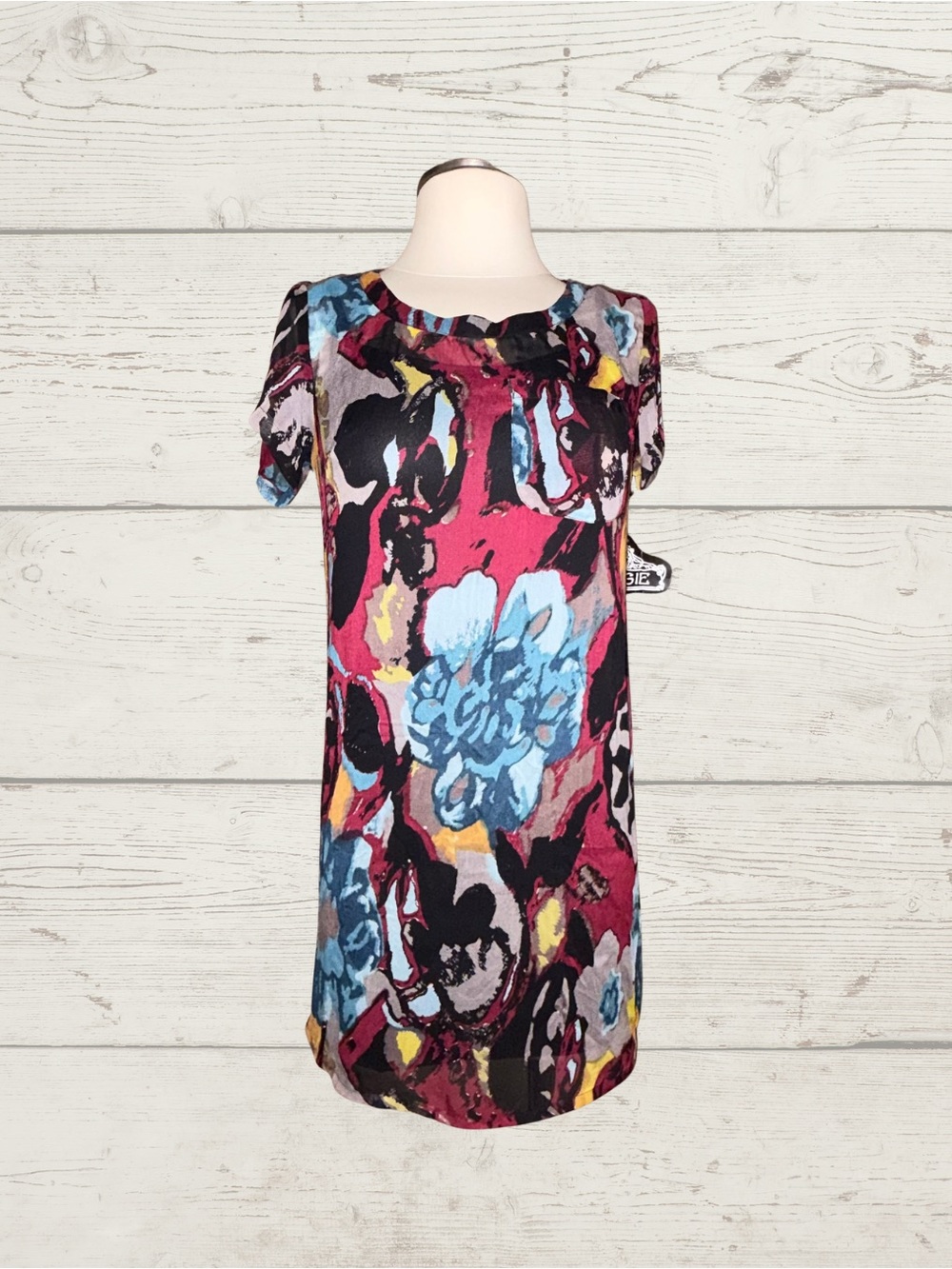 Angie Sheer Floral Shift Mini Dress Magenta Blue Black Short Sleeve NWT Sz S